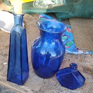Cobalt Blue Glass Vase & Bottles - Set of 3